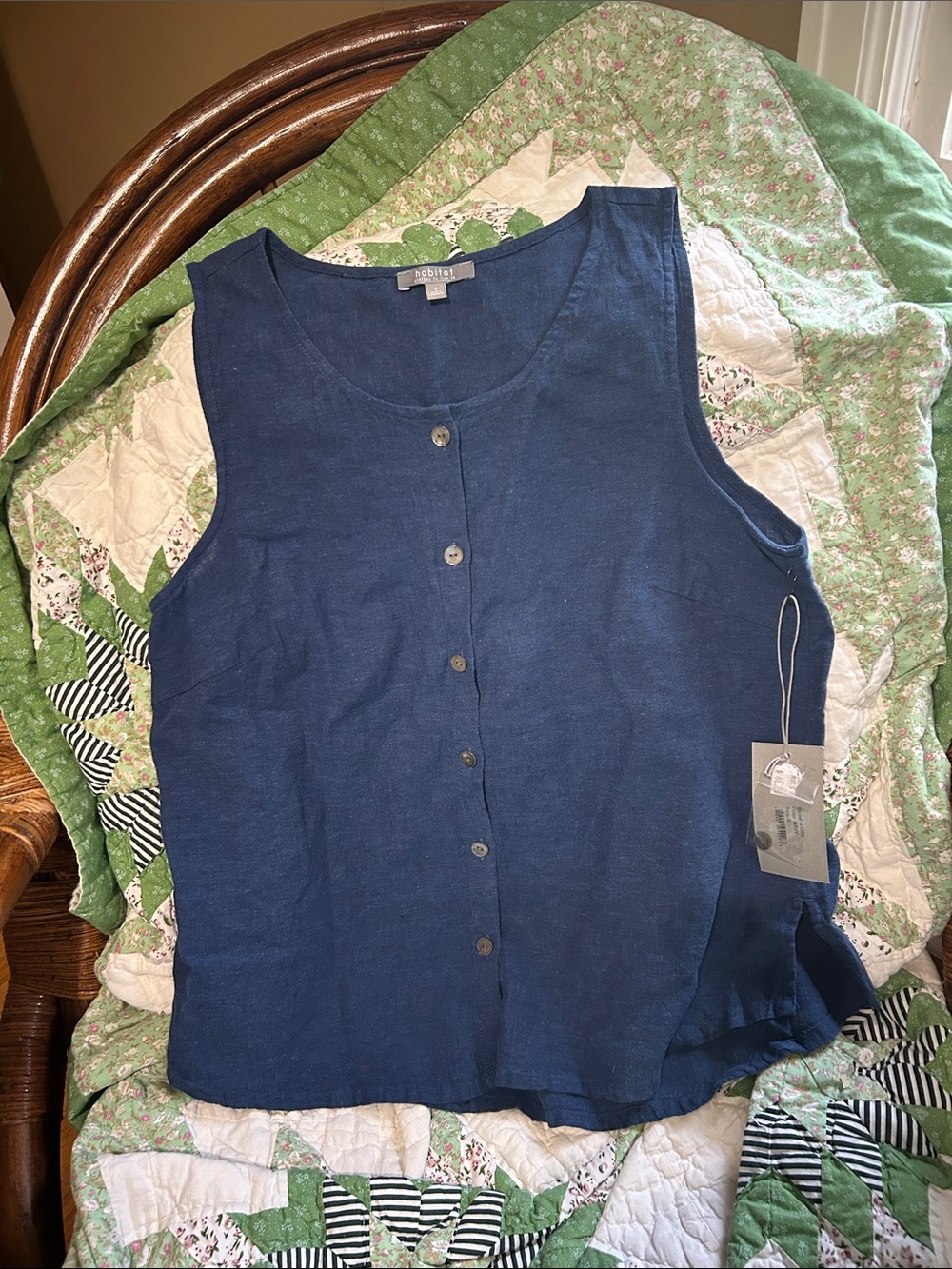 NWT Habitat  Sleeveless Button-Front Linen cotton Tank Navy small machine wash